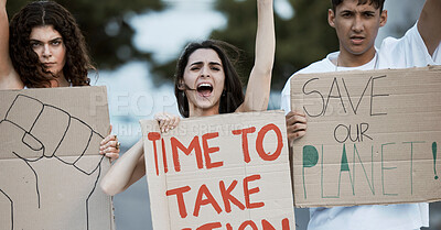 Buy stock photo Climate change, crowd and people portrait with power fist or banner in city for announcement or transformation. Group, face and angry earth activist outdoor with poster for democracy, protest or vote