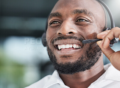 Buy stock photo Call center, black man and happy consultant in office or speaking in workplace for customer service, crm or communication. Businessman, talking and contact us for support, advice or help desk