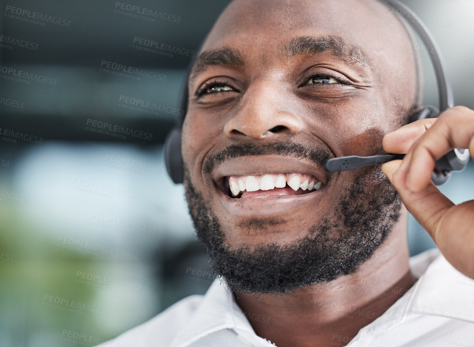 Buy stock photo Call center, black man and happy consultant in office or speaking in workplace for customer service, crm or communication. Businessman, talking and contact us for support, advice or help desk