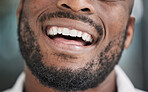 Teeth, mouth and happy black man or businessman with a dental smile in startup company after treatment in an office. Clean, African and face of businessman or employee with dentist oral health 