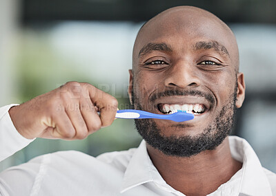 Black man, face and brushing teeth with toothbrush, dental and health, hygiene and grooming. African male person, portrait and toothpaste with oral care, orthodontics and routine with fresh breath