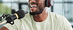 Black man, microphone and mouth with headphones and radio DJ, news with communication and audio equipment. Podcast, technology and multimedia with happy male presenter, hosting show and broadcast