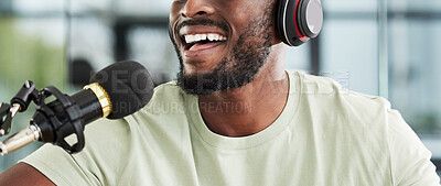 Buy stock photo Man, microphone and mouth with headphones and radio DJ, news with communication and closeup of audio equipment. Podcast, technology and multimedia or happy male presenter, hosting show and broadcast