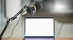 Laptop screen, mockup and mic for radio or podcast with audio equipment, technology and marketing for show. Multimedia, communication and email with website design layout, news and about us on pc