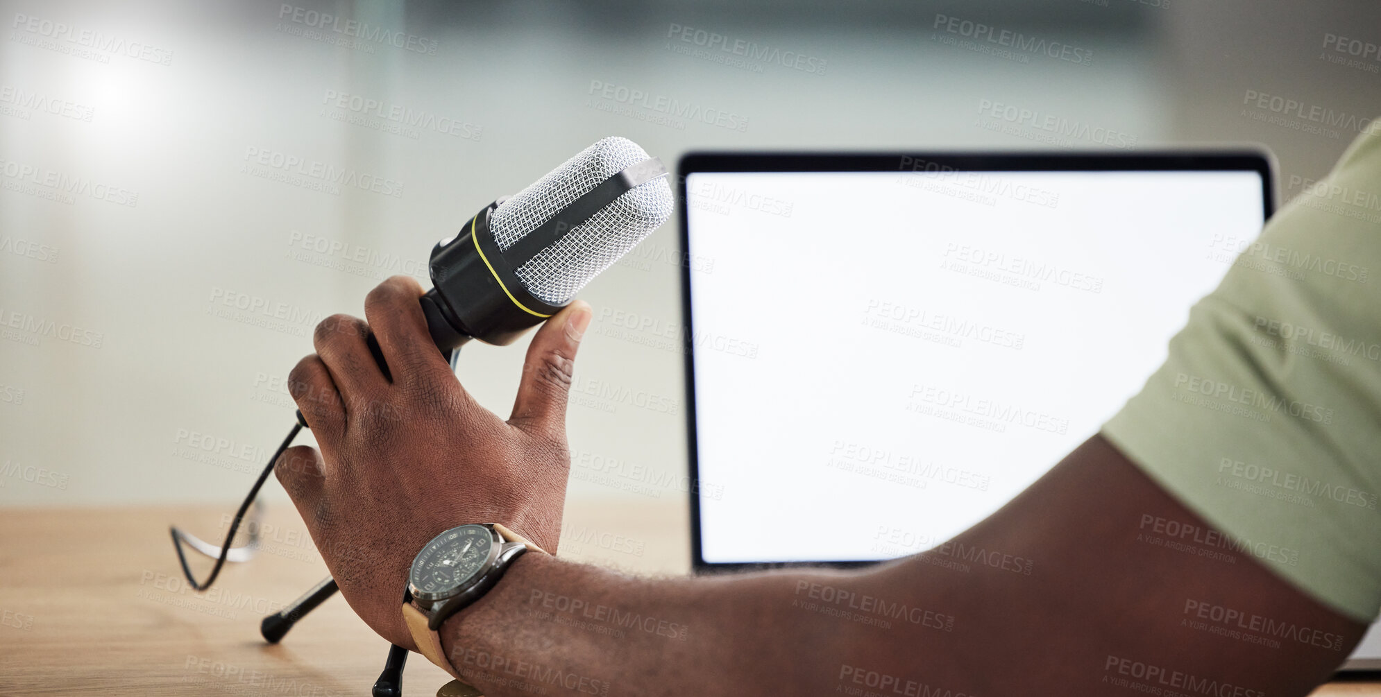 Buy stock photo Podcast, tablet and mockup with hand of person for live streaming, radio and speaker. Social media, influencer and communication with closeup of man for microphone, digital and production banner