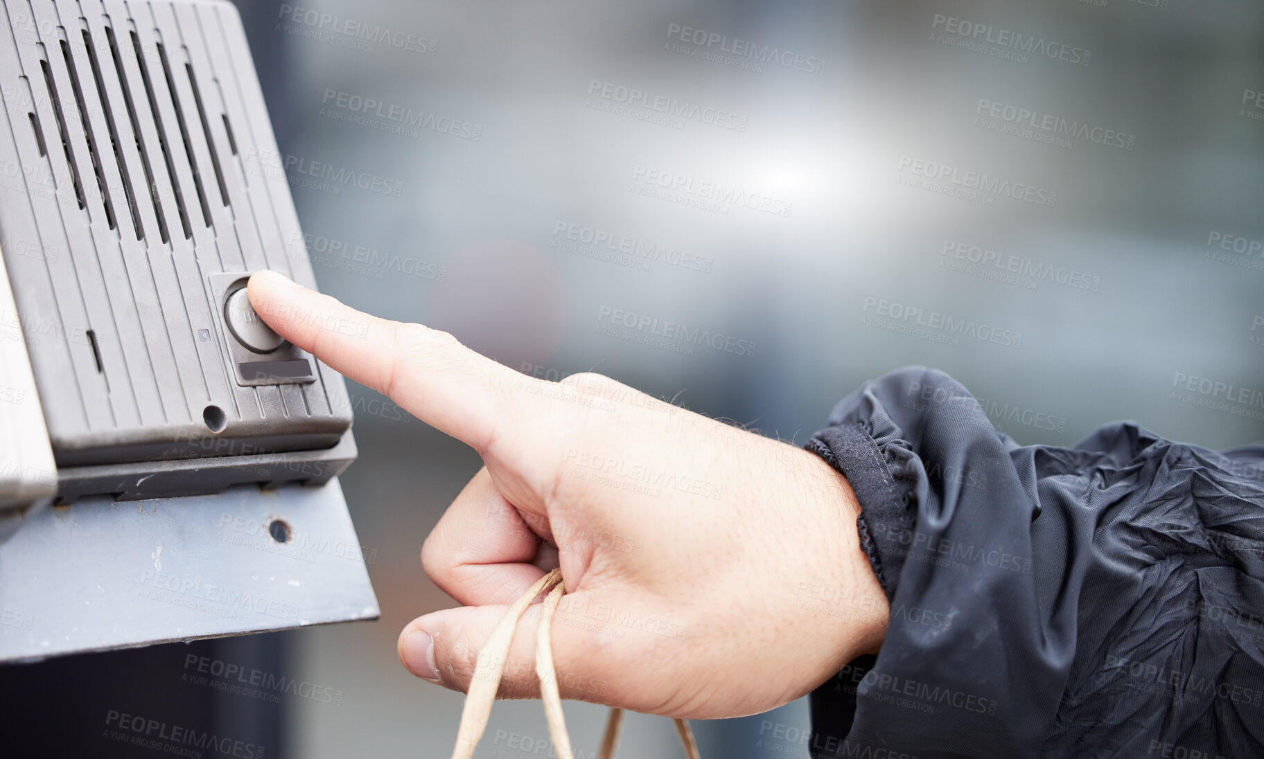 Buy stock photo Finger, button and intercom with a person closeup outdoor for entrance through a security communication system. Hand, office building or press with an adult in the city for access via a buzzer