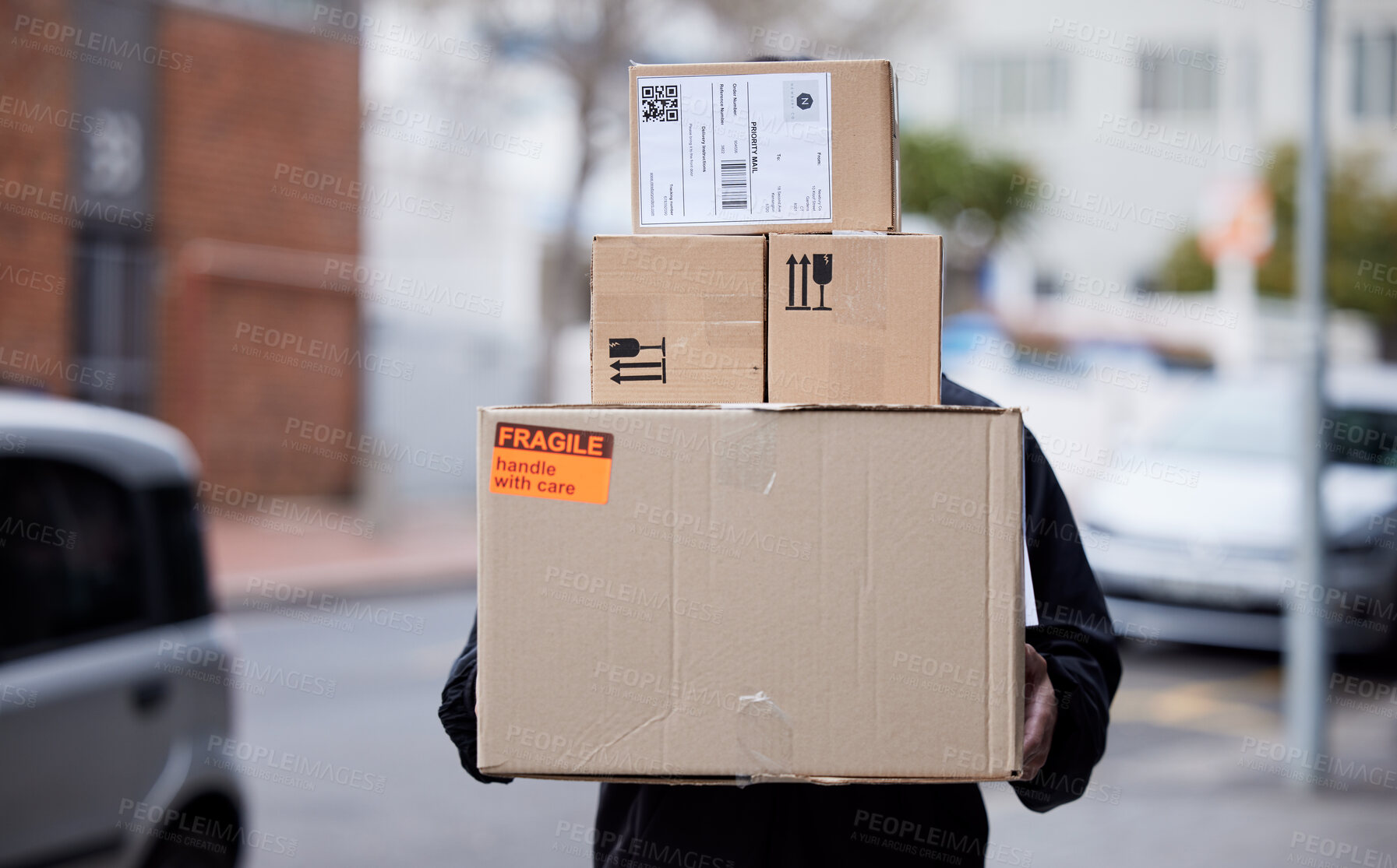 Buy stock photo Person, boxes and delivery or courier service for online shopping, logistics or supply chain management outdoor. E commerce, cardboard package and product for urban city shipping and stock worker