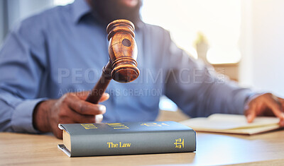 Buy stock photo Hands, lawyer and gavel on books in office for attention, guide and justice in courtroom, law firm or truth. Closeup of hammer, legal knowledge and man for consulting attorney, judge and constitution