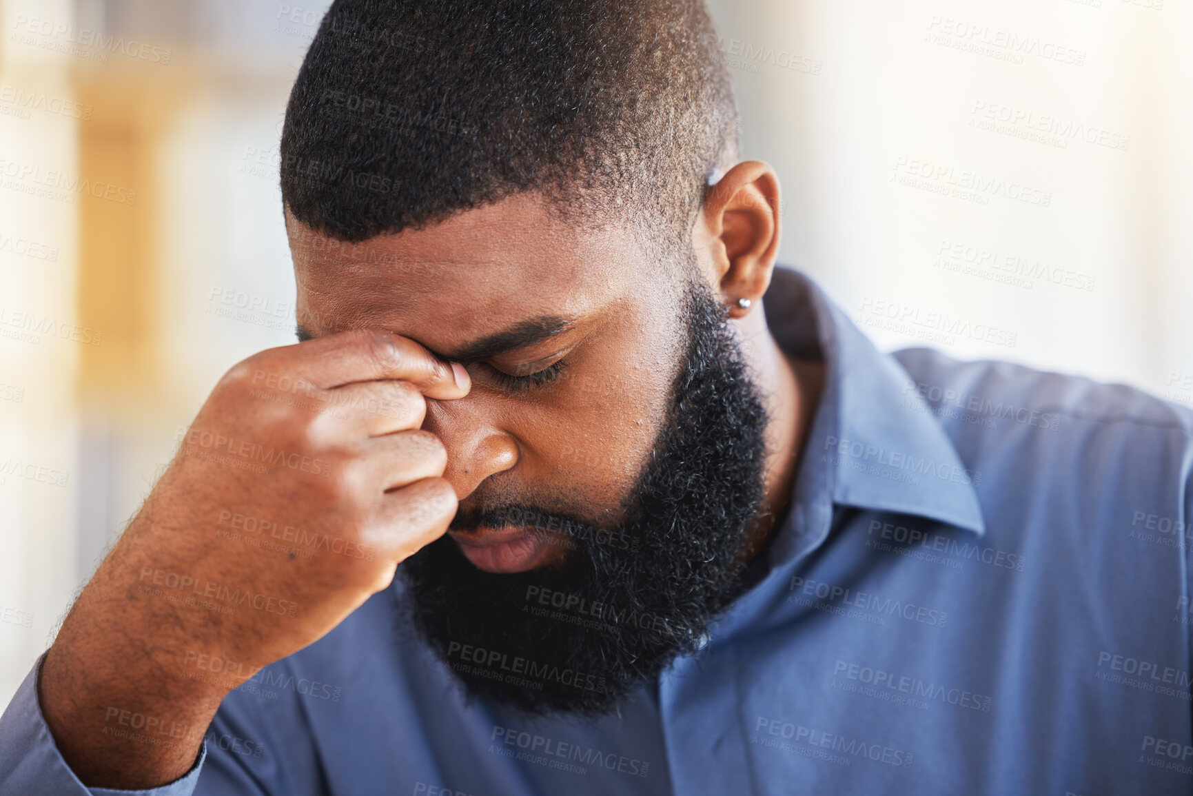 Buy stock photo Business, stress and face of black man with headache for burnout, debt and confused by pain of mistake. Corporate male worker with anxiety, doubt and depression for bankruptcy, crisis and challenge