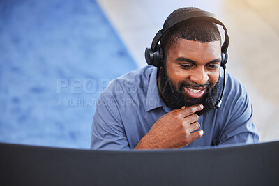 Buy stock photo Business man, computer and call center consultant in communication, online management and technical support. Information technology, IT advisor and African person speaking, helping or online solution