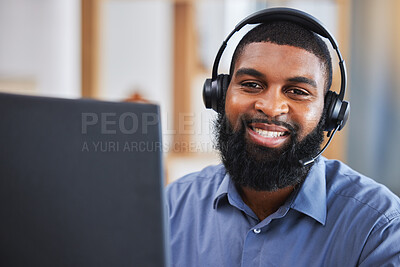Buy stock photo Consultant portrait, man and call center, communication or technical support for e commerce or customer service. Face of agent, web IT advisor or african person helping or online solution on computer