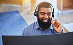 Call center, customer support and black man on computer talking at desk for friendly service. Telemarketing, business and happy male consultant with headset for communication, crm help and contact