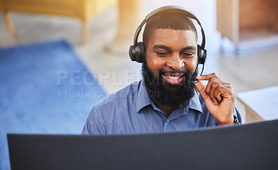 Buy stock photo Call center, customer support and black man on computer talking at desk for friendly service. Telemarketing, business and happy male consultant with headset for communication, crm help and contact