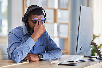 Buy stock photo Call center, man and headache, pain or stress for communication mistake, error and sales crisis on computer. Agent, consultant or african person in glasses and computer with eye care in telemarketing