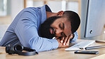 Call center, tired business man and sleeping at desk with burnout, fatigue and low energy in telemarketing office. Lazy, depressed and stress of african sales consultant taking a nap in CRM agency