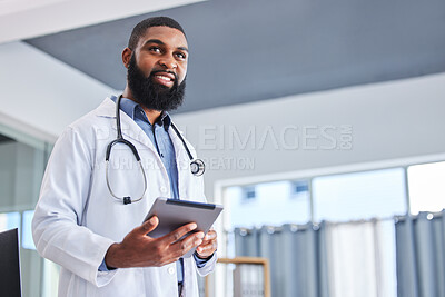 Buy stock photo Doctor, man and tablet for hospital, healthcare or clinic services, online management and history or patient charts. Medical professional or african person on digital technology of health information