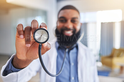 Buy stock photo Doctor, man and hands with stethoscope for heartbeat, healthcare services and cardiology. Closeup of happy medical worker with listening tools to check heart, lungs and breathing test in hospital 