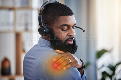 Buy stock photo Call center, customer support and black man with shoulder pain, injury and muscle strain at desk. Telemarketing, crm business and male consultant with inflammation for stress, posture and overworked