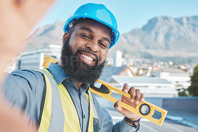 Buy stock photo Construction, worker and selfie portrait of man in city for building project, labor and civil engineering. Face of happy african architect, photograph and ruler for property development in Cape Town