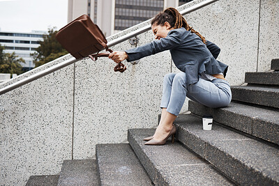 Buy stock photo Anger, stairs and business with woman in city for unemployment, job loss and crisis. Problem, stress and fear with female employee screaming in outdoors for mental health, frustrated and failure 