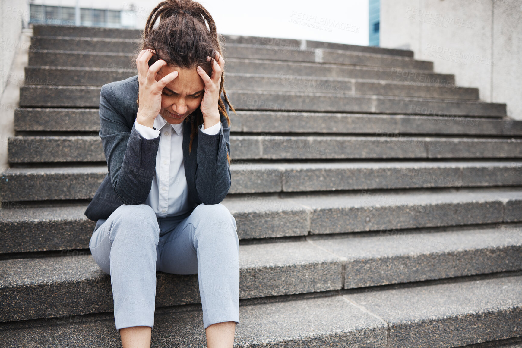 Buy stock photo Sad, unemployment and business with woman in city for risk, job loss and depression. Problem, stress and fear with female employee thinking in outdoors for mental health, frustrated and failure 