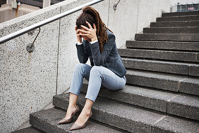 Buy stock photo Unemployment, stairs and business with woman in city for sad, job loss and depression. Problem, stress and fear with female employee thinking in outdoors for mental health, frustrated and failure 