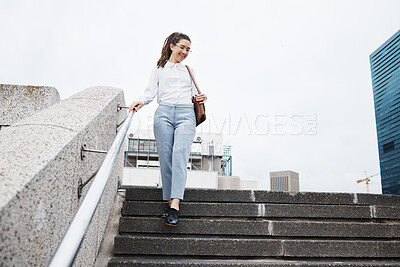 Buy stock photo Woman, worker and walking on city building steps happy, smile and cheerful while traveling. Travel, walk and female person smile for commute, leaving and enjoying solo trip in New York outdoor