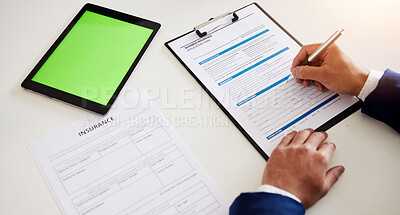Buy stock photo Tablet, documents and green screen with hands of lawyer for life insurance, information and policy. Technology, signature and agreement with closeup of person for writing, planning and application