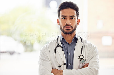 Buy stock photo Serious, arms crossed and man doctor portrait in hospital with stethoscope, attitude and determined mindset. Proud, face and Japanese health expert worker in a clinic for help, advice and service