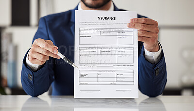 Buy stock photo Insurance, signature and documents with hands of lawyer for offer, contract and review. Advisor, attorney and advocate with closeup of business man in office for legal paperwork, deal and information