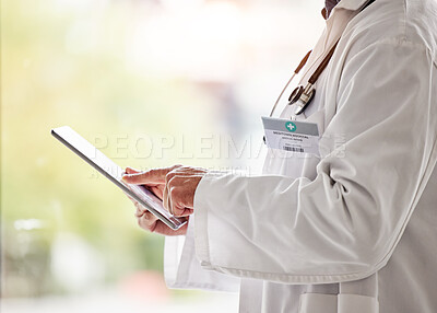 Buy stock photo Tablet, doctors and hands for online healthcare management, hospital software or research. Closeup of medical professional, digital technology and wellness services for telehealth, data review or app