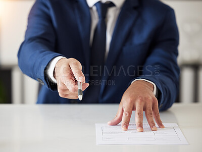 Buy stock photo Insurance, offer and documents with hands of lawyer for signature, contract and review. Advisor, attorney and advocate with closeup of business man in office for legal paperwork, deal and information