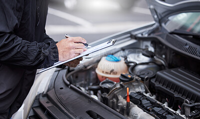 Buy stock photo Car insurance, checklist and man writing on documents for compliance, maintenance and engine control. Vehicle, inspection and hand of male mechanic with paper form for information, note and claim