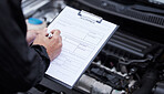 Car insurance, hands and man writing on documents for compliance, maintenance and engine control. Vehicle, inspection and male mechanic with paper form for information or checklist, claim or note