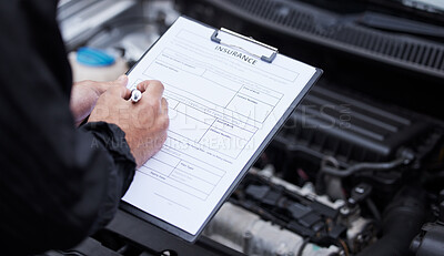 Buy stock photo Car insurance, hands and man writing on documents for compliance, maintenance and engine control. Vehicle, inspection and male mechanic with paper form for information or checklist, claim or note