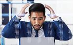 Data, laptop and business man stress over stock market crash, 404 software fail or IPO investment problem. Crypto trading overlay, financial loss data and studio person frustrated on white background