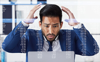 Buy stock photo Data, laptop and business man stress over stock market crash, 404 software fail or IPO investment problem. Crypto trading overlay, financial loss data and studio person frustrated on white background
