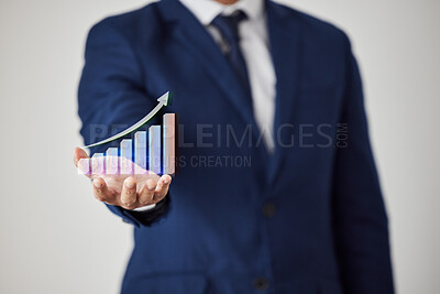 Buy stock photo Chart, palm hand and business person with stock exchange data, economy growth insight or financial investment increase. Trading revenue, holographic graph arrow and studio broker on white background