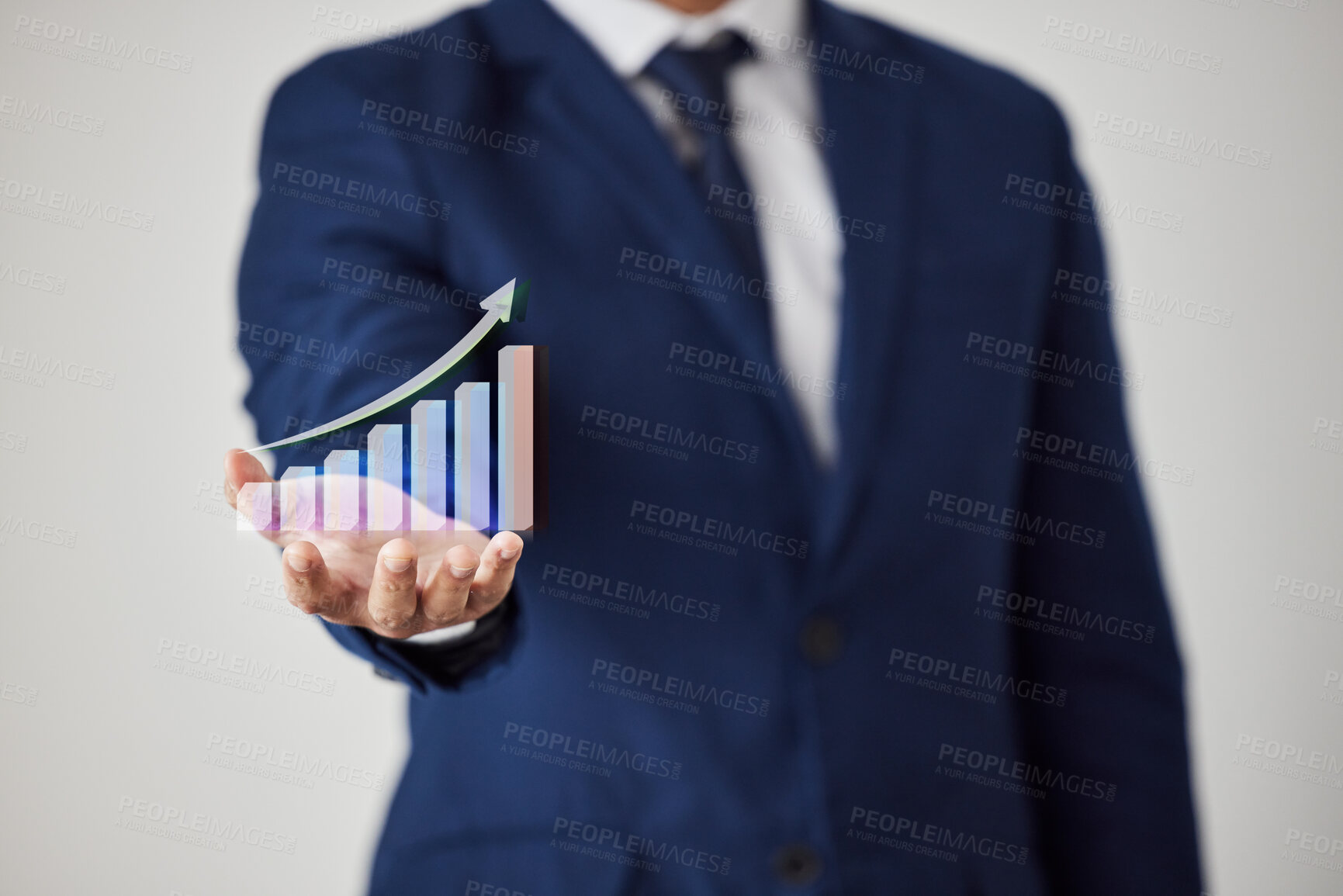 Buy stock photo Chart, palm hand and business person with stock exchange data, economy growth insight or financial investment increase. Trading revenue, holographic graph arrow and studio broker on white background