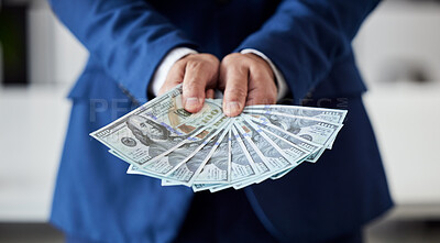 Buy stock photo Hands, businessman and money fan of dollars for finance, trading bills and investment reward of financial freedom. Closeup of rich trader, profit and income of bonus, pay cash or accounting of wealth