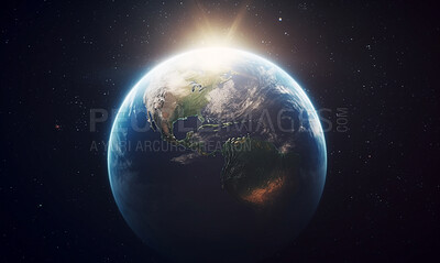 Buy stock photo Earth, surface or sunrise in galaxy, universe and space for science research, astrology and planet exploration. Ai generated, astronomy and solar system with world sunset, dark sky or night mockup
