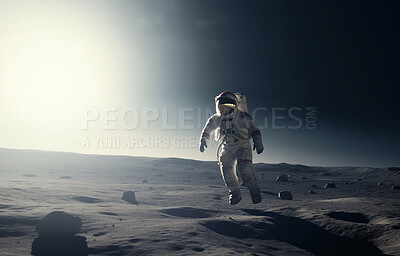 Buy stock photo Astronaut, spaceman and moon surface exploration for solar system, universe or planet landing. Ai generated, person and safety suit on lunar discovery, space mission and science navigation background