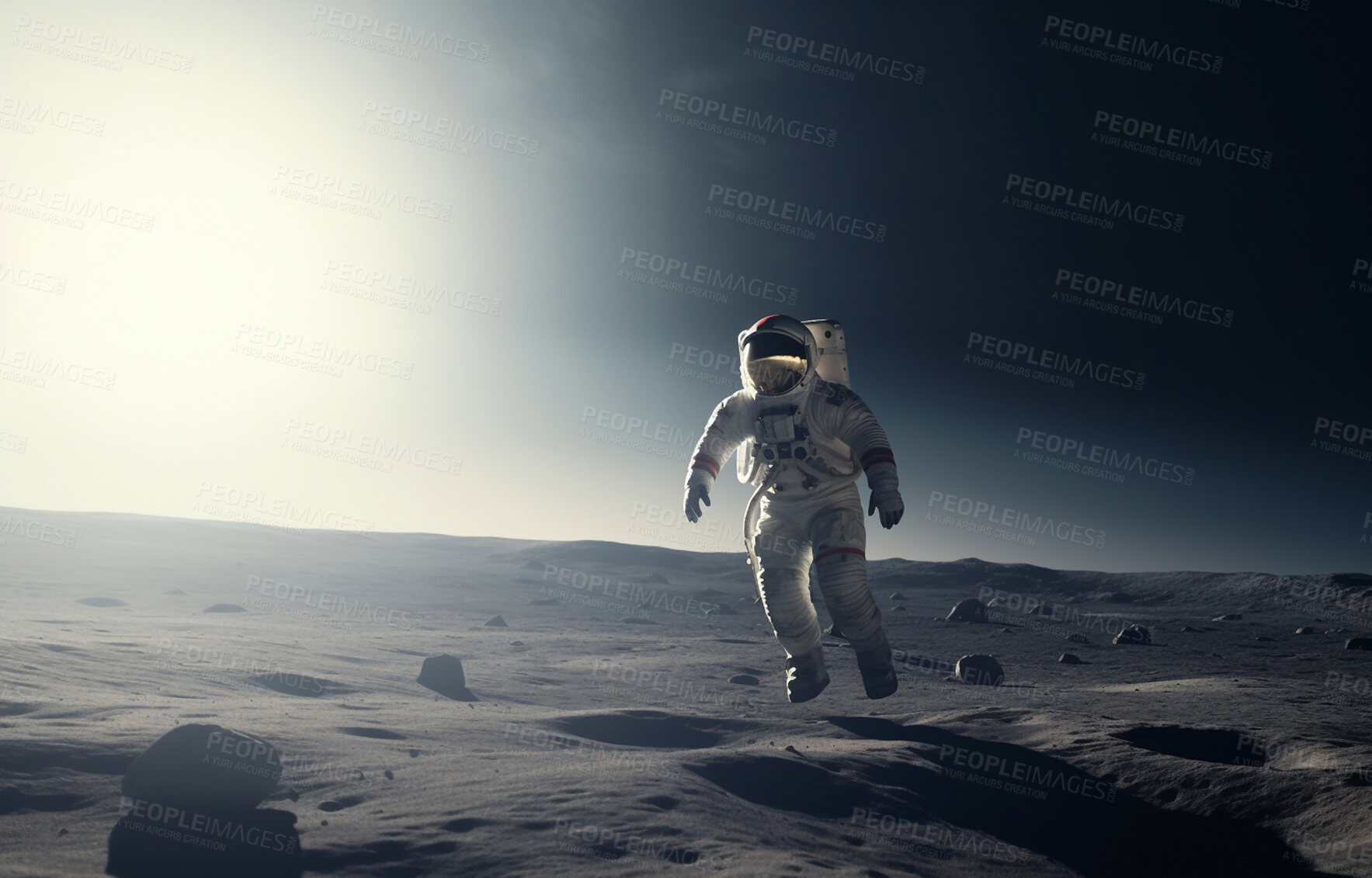 Buy stock photo Astronaut, spaceman and moon surface exploration for solar system, universe or planet landing. Ai generated, person and safety suit on lunar discovery, space mission and science navigation background