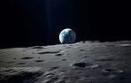 Moon, surface and earth view in space, universe and galaxy for science research, astrology and planet exploration. Ai generated crater, astronomy and solar system with world, dark sky or night mockup