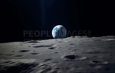 Buy stock photo Moon, surface and earth view in space, universe and galaxy for science research, astrology and planet exploration. Ai generated crater, astronomy and solar system with world, dark sky or night mockup
