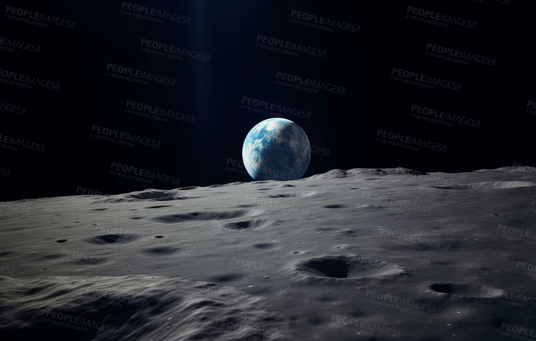 Buy stock photo Moon, surface and earth view in space, universe and galaxy for science research, astrology and planet exploration. Ai generated crater, astronomy and solar system with world, dark sky or night mockup