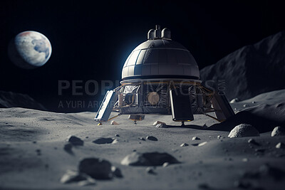 Buy stock photo Moon, space ship and universe landing surface for adventure and navigation in exploration, discovery mission and science research. Ai generated, machine and explorer travel in solar system and galaxy