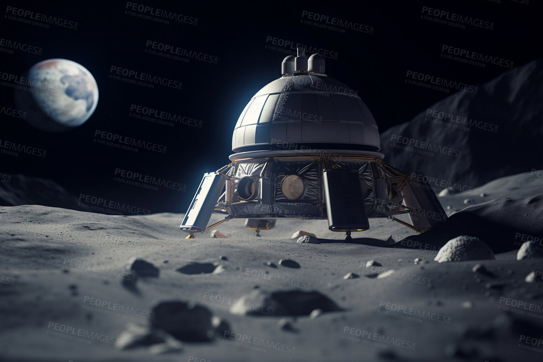 Buy stock photo Moon, space ship and universe landing surface for adventure and navigation in exploration, discovery mission and science research. Ai generated, machine and explorer travel in solar system and galaxy