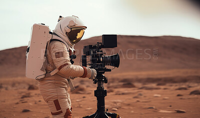 Buy stock photo Astronaut, person or camera for mars planet photography, science research or exploration review in navigation discovery. Ai generated, photography and equipment for space travel scientist or spaceman