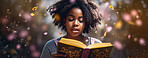 Fantasy, book and magic with black girl and reading for fairytale, education and learning. Ai generated, inspiration and banner with kid and study for youth, storytelling and child development